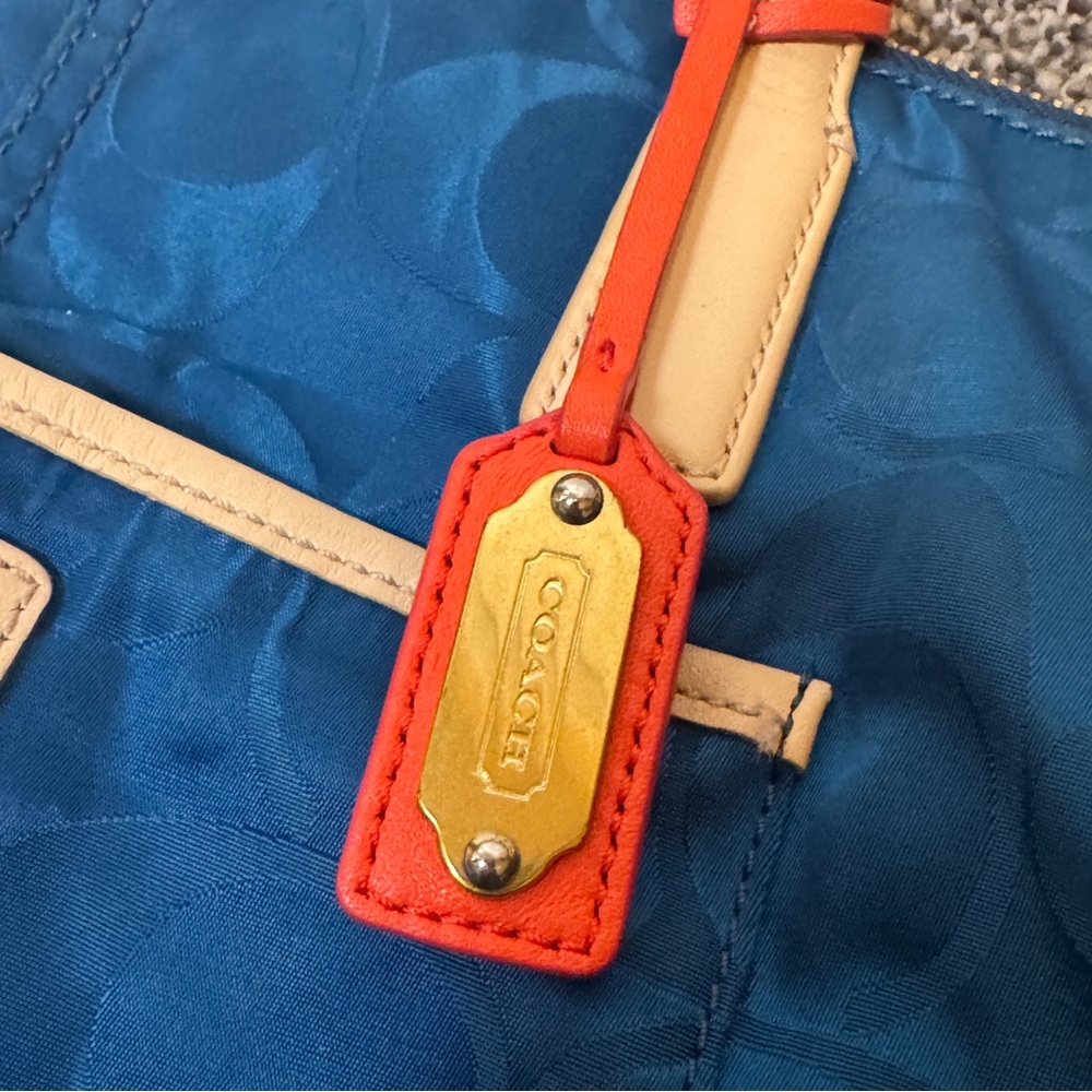 Coach Legacy Signature Nylon Tote Blue Leather Trim Zip Top Shoulder Bag - Picture 4 of 9